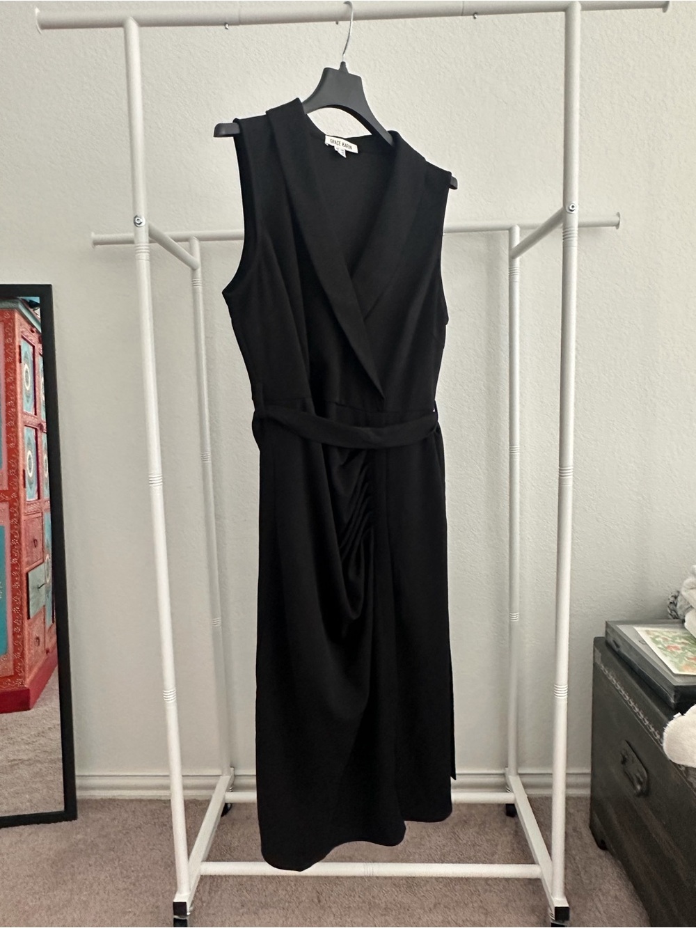 Grace Karin Black Sleeveless V-Neck Draped Waist-Tie Midi Dress